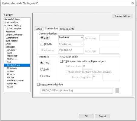 Set up the J-Link/J-Trace option configuration