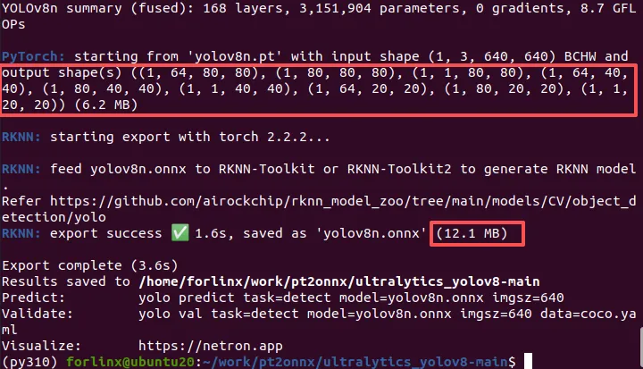 Console output showing successful YOLOv8 pt to onnx conversion with nine detection heads