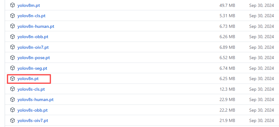 Expanded Assets section showing yolov8n.pt pre-trained model download