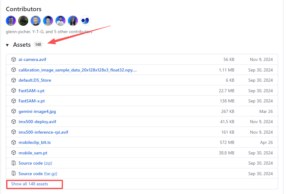 Ultralytics GitHub assets page listing YOLOv8 pre-trained models