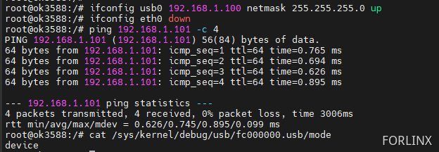 Network interface and ping result on OK3588 acting as USB Device