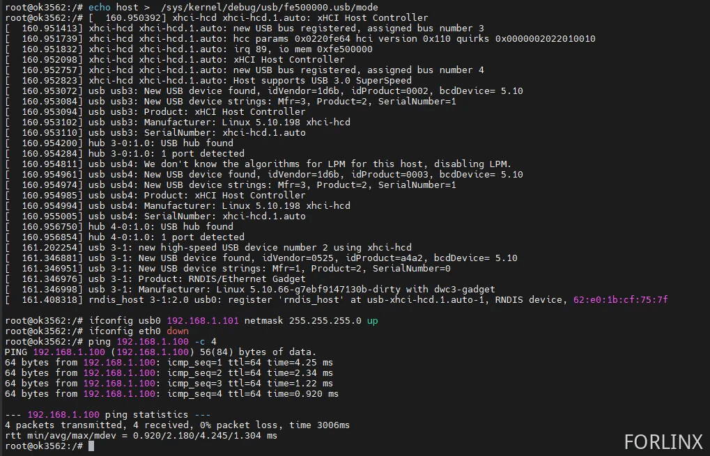 Ping test result on RK3562 acting as USB Host
