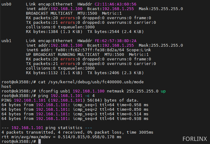 Ping test result on OK3588 acting as USB Host
