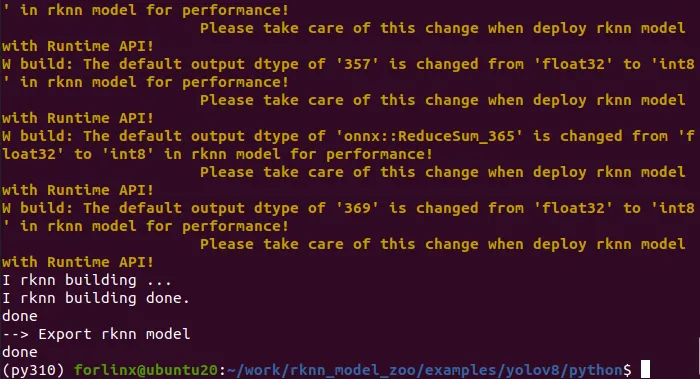 RKNN Toolkit log showing successful onnx to rknn conversion for RK3576 platform