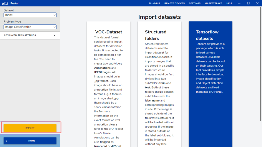 Importing dataset progress bar in eIQ Portal
