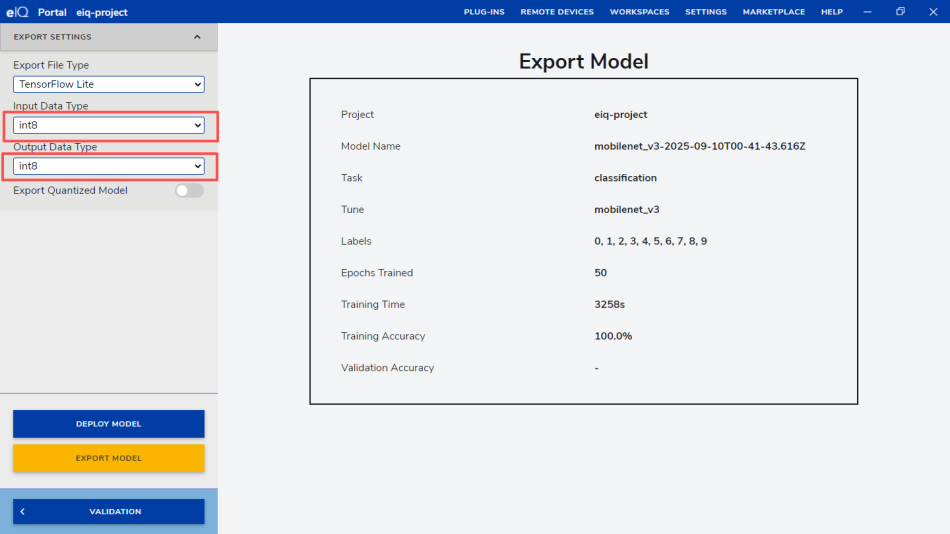 Final export summary showing the .tflite file generation details