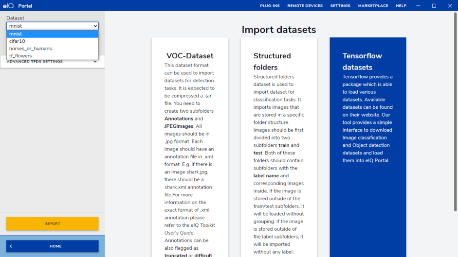 Dataset selection dropdown menu featuring MNIST and CIFAR-10 options