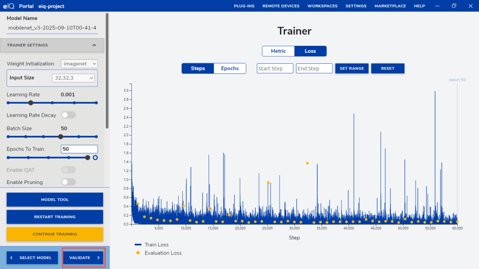 Navigating to the Validate tab to evaluate the trained model