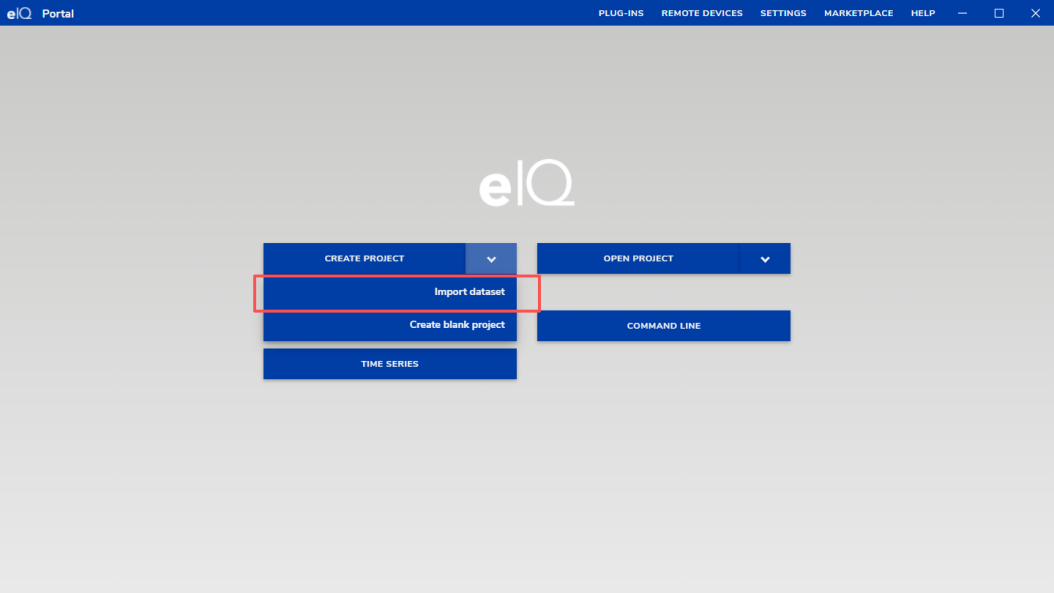 eIQ Portal startup screen showing options to Import Dataset or Create Blank Project