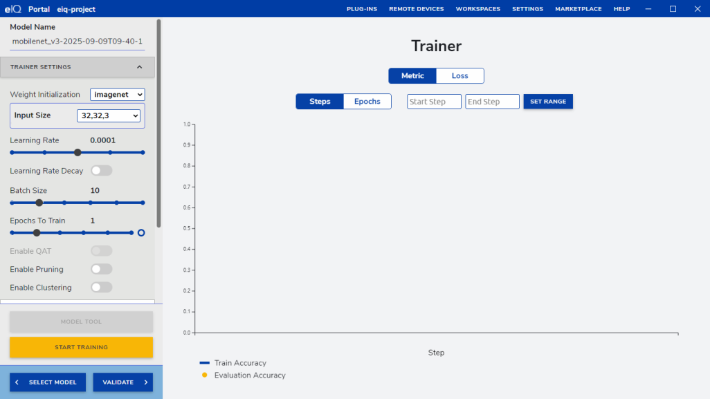 Training configuration interface with hyperparameter settings and visualization charts