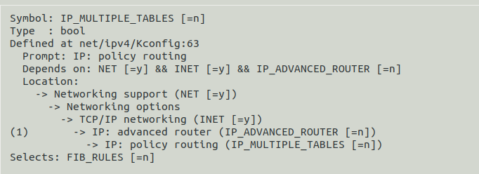Navigating to Networking options, IP: advanced router in menuconfig