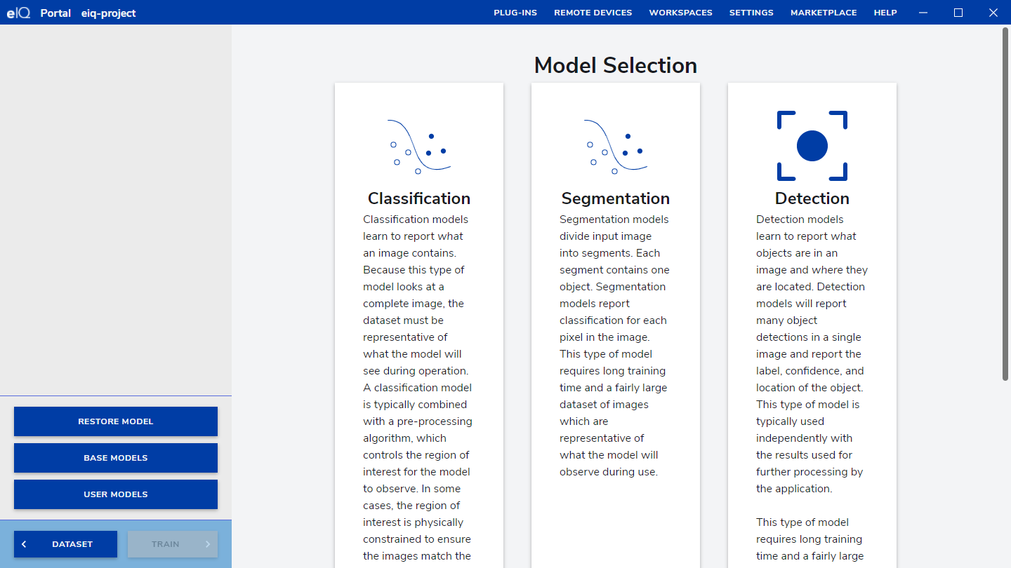 Model selection dashboard with Restore, Base, and User model categories