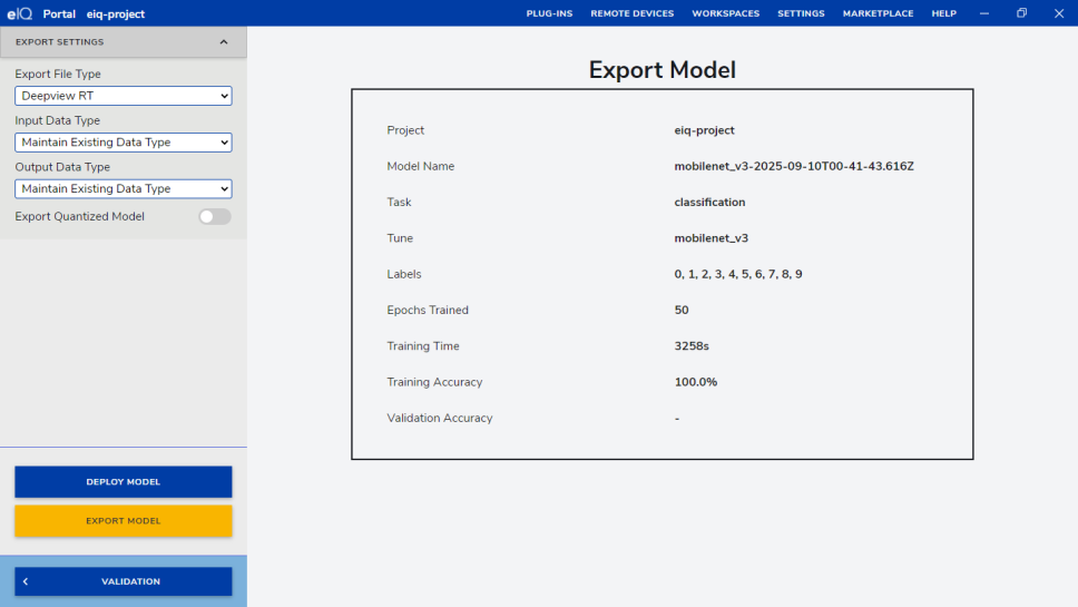 Deployment dashboard options for exporting models