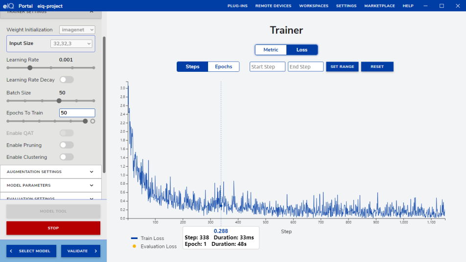Training progress chart showing decreasing loss over steps