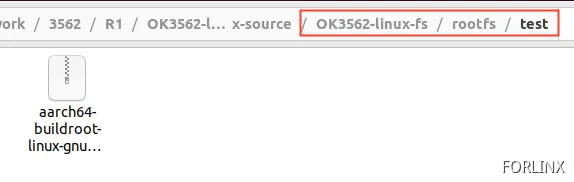 Terminal file listing showing the test directory and SDK package in the target rootfs after compilation