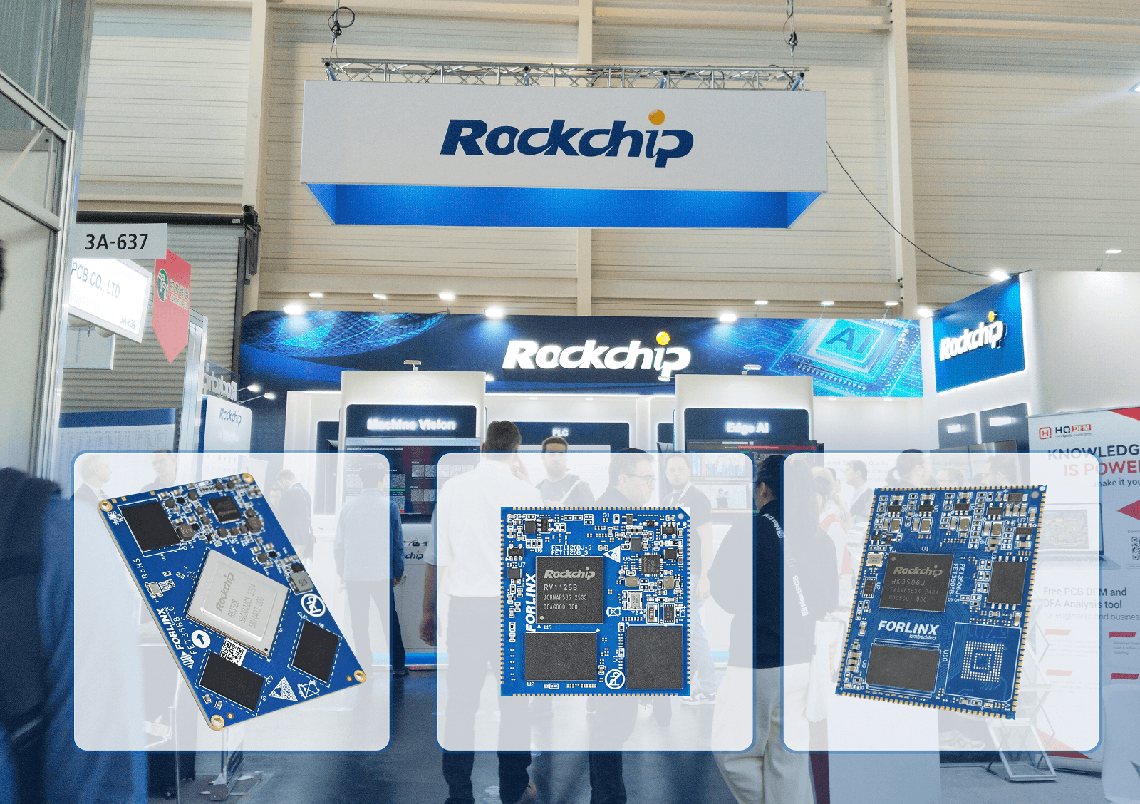 Forlinx System-on-Modules based on Rockchip RK3588, RV1126, and RK3506 platforms displayed at the booth