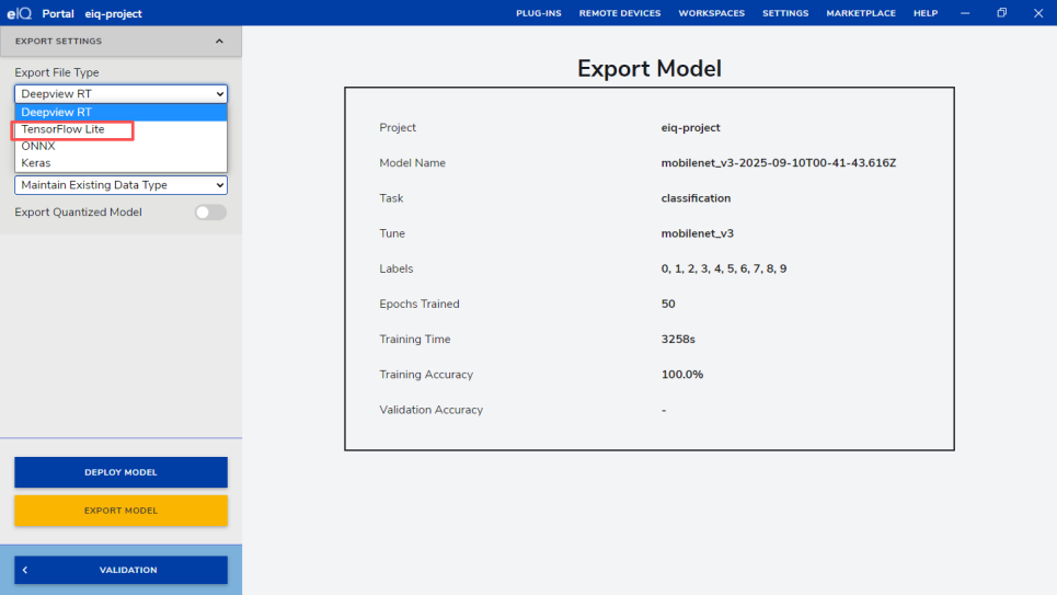 Export settings selecting TensorFlow Lite and int8 quantization