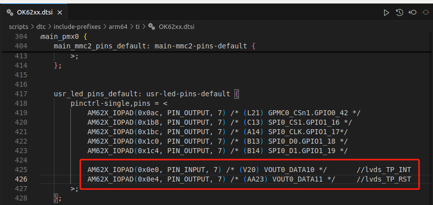 Updating usr_led_pins_default node with AM62X_IOPAD configurations for touchscreen