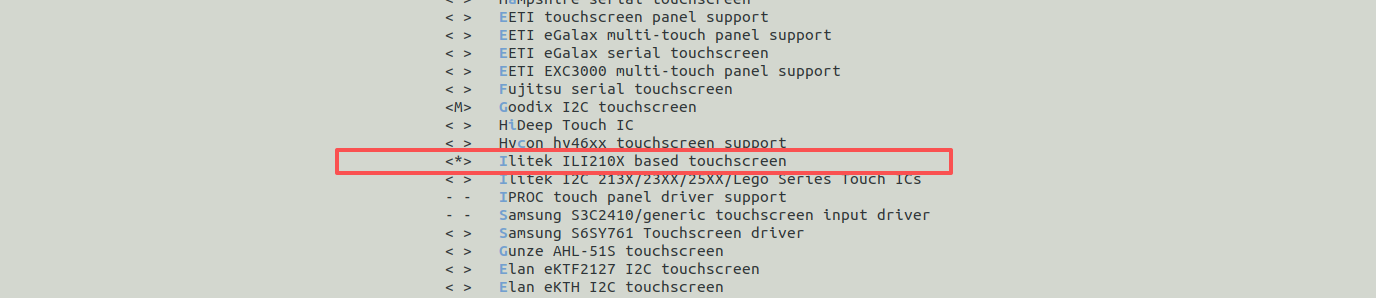 Selecting the Ilitek ILI210x/ILI251x I2C touchscreen driver in Linux kernel menuconfig