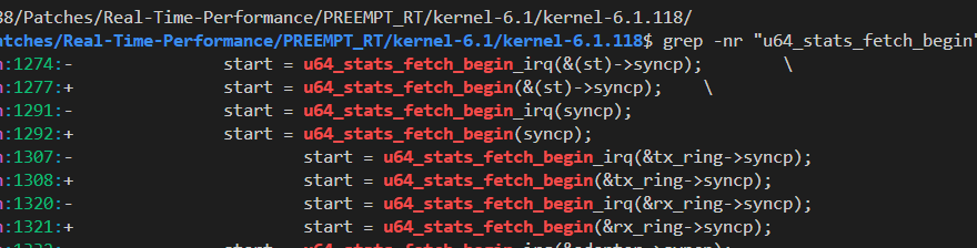 Console terminal output showing the grep command results identifying the replacement of the u64_stats_fetch_begin_irq function in the PREEMPT_RT patch source code