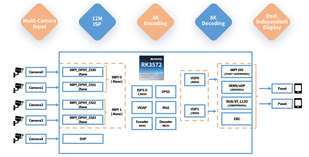 RK3572 multimedia processing architecture showcasing 8K decoding and 12M ISP