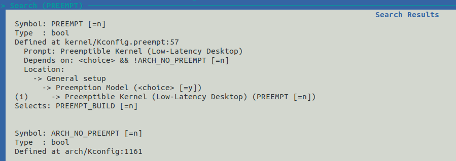 Linux kernel menuconfig terminal interface showing the search results for the PREEMPT option during OK3588 Development Board Buildroot compilation