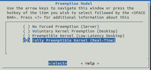 Linux kernel menuconfig submenu displaying the selection of the Fully Preemptible Kernel (RT) priority level for the PREEMPT_RT patch configuration