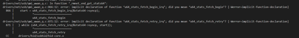 Console terminal output displaying Buildroot compilation error logs caused by driver incompatibilities after applying the PREEMPT_RT real-time patch on the OK3588 Dev Kit