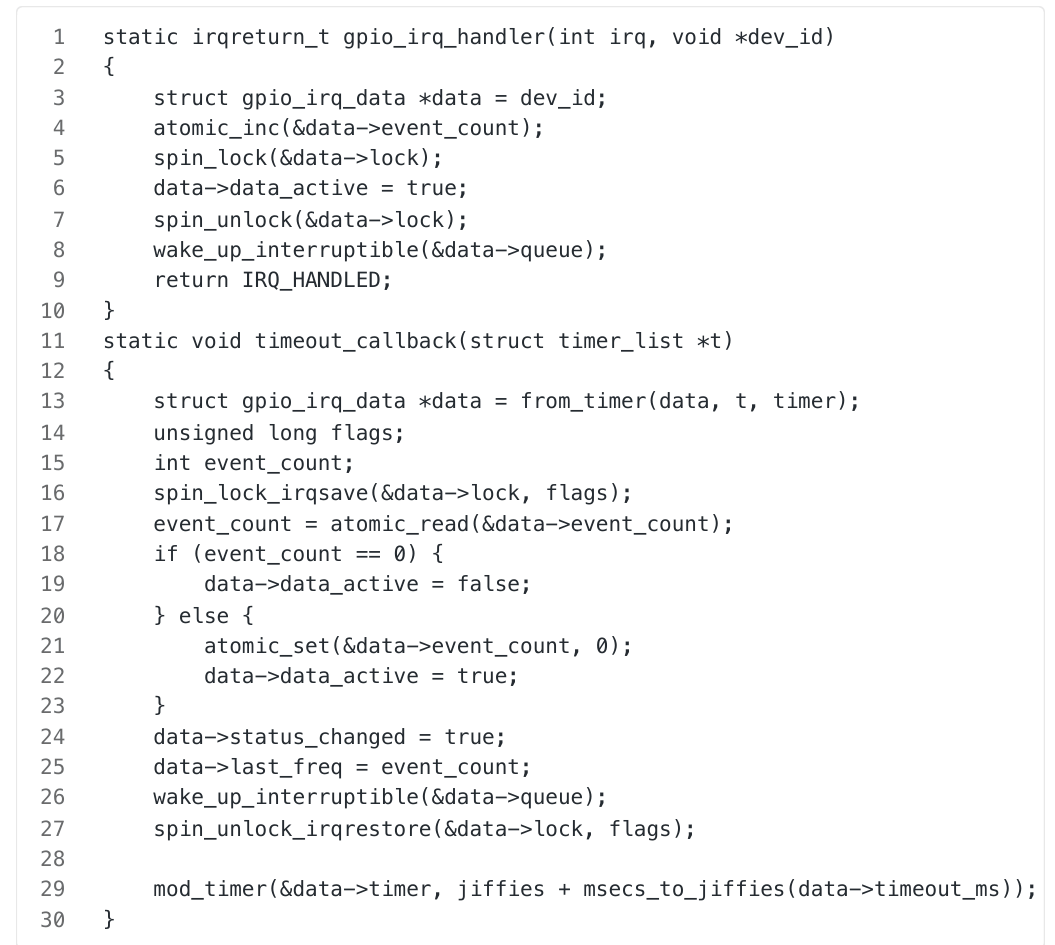 OKMX9596-C platform Linux kernel driver source code block showing the implementation of gpio_irq_handler interrupt service routine and timeout_callback periodic timer function for atomic counting and sampling