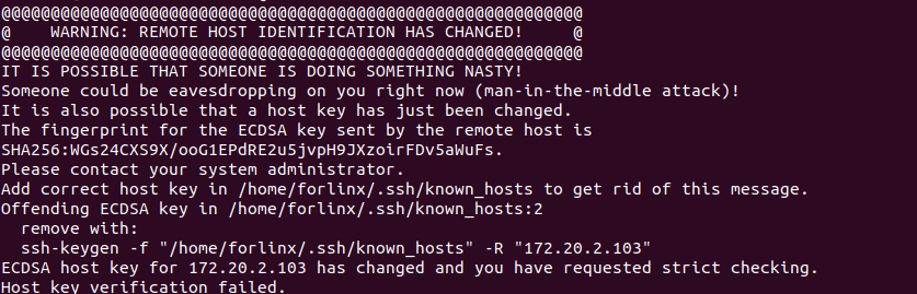 Development board terminal error message showing an SSH host identification change warning and connection rejection