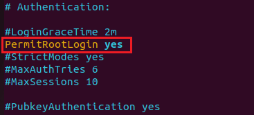 Configuration file view of sshd_config highlights the modification of PermitRootLogin directive to yes
