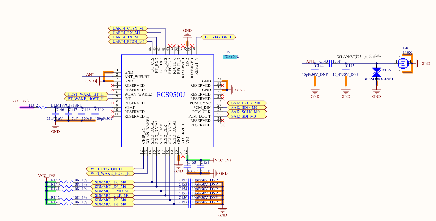 Hardware block diagram showing FCS950U SDIO 4-bit bus connections, including module enable, reset, and wake-up pins for Device Tree configuration on the Android system