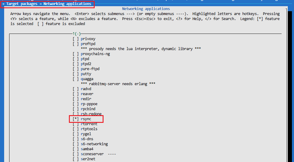 Buildroot menuconfig graphical user interface menu selecting the rsync package within Target packages and Networking applications
