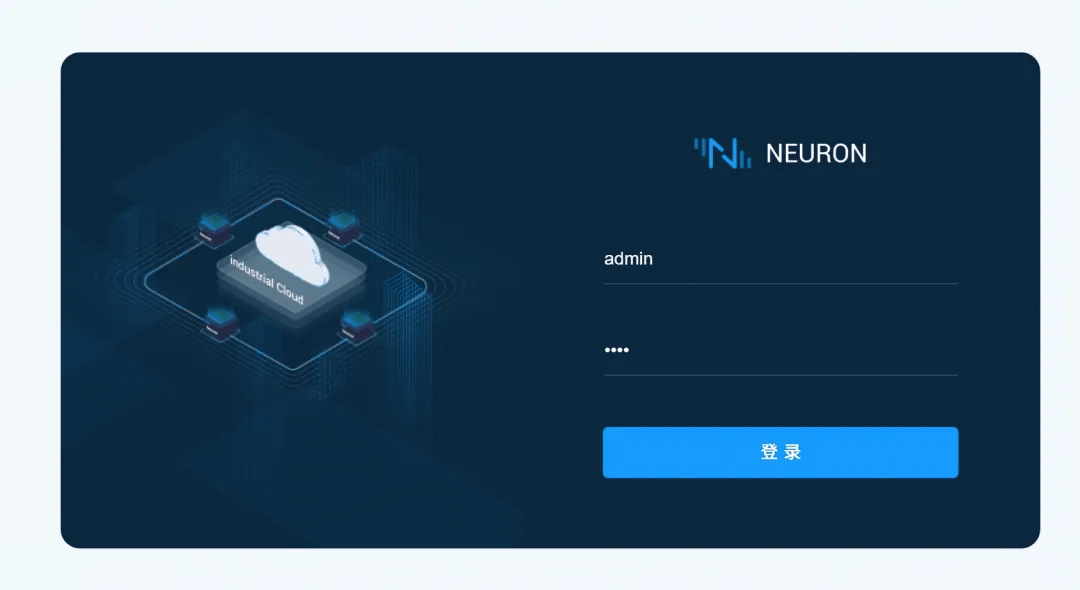 Screenshot of the Neuron web management login page, accessed by entering the FCU1501 device IP address followed by port 7000 in a browser, showing the username and password authentication fields