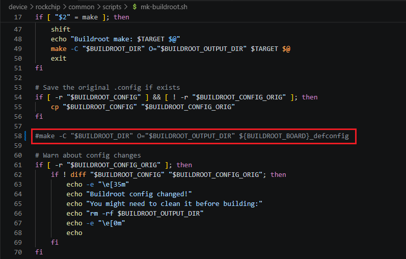 Source code editor displaying mk-buildroot.sh with line 58 commented out to enable manual menuconfig modification