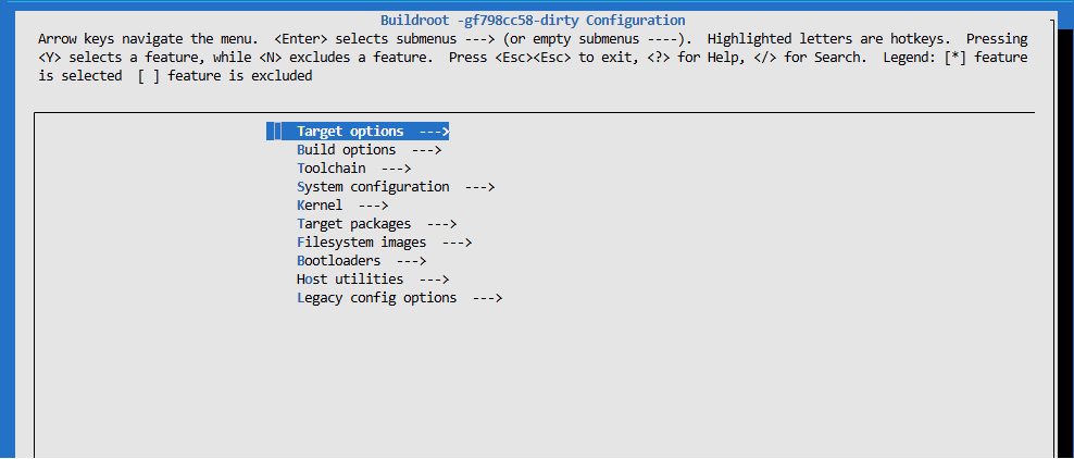 Linux terminal window displaying the execution of the make menuconfig command in the OK3568 buildroot output directory