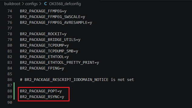 Buildroot configuration file editing snippet showing the addition of BR2_PACKAGE_POPT and BR2_PACKAGE_RSYNC configuration options in OK3568_defconfig