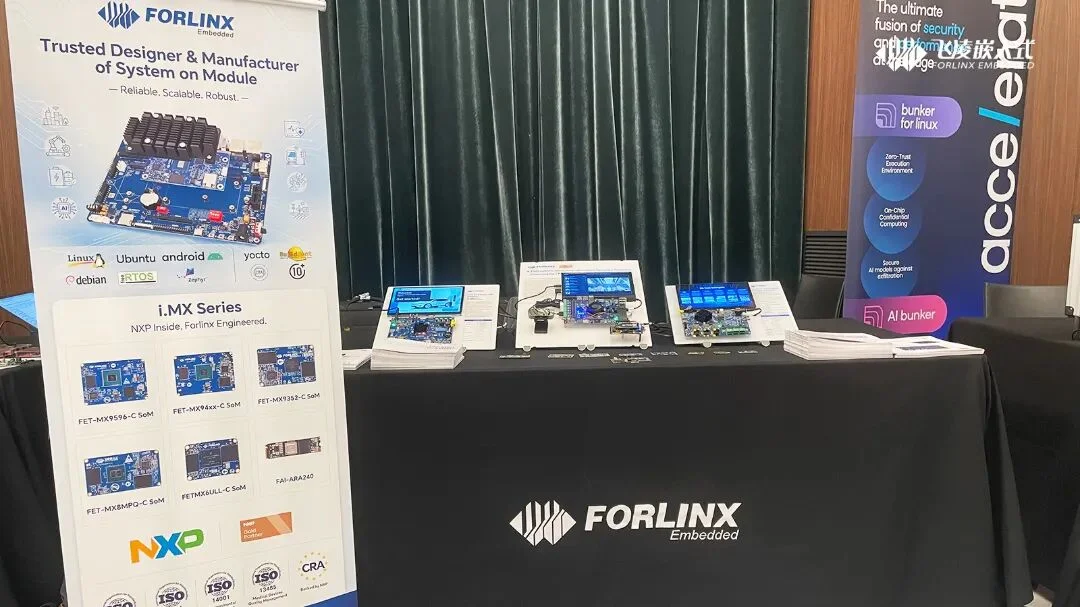 Forlinx booth at NXP Tech Day Milan showcasing the i.MX series SoM portfolio and development boards