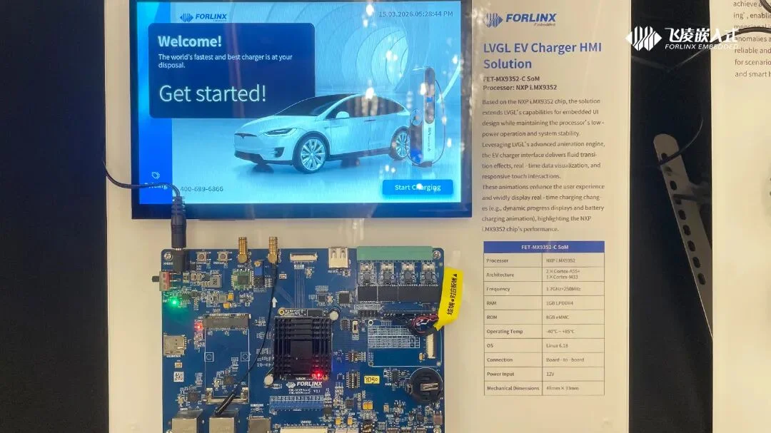 LVGL EV charger HMI demo running on the FET-MX9352-C SoM based on NXP i.MX 93
